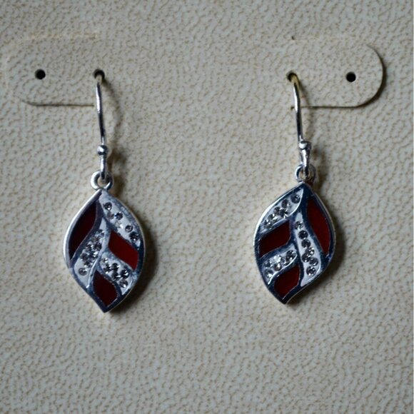 American Classic Genuine Carnelian Fine Silver Plated Drop Leaf Earrings New - Picture 3 of 5